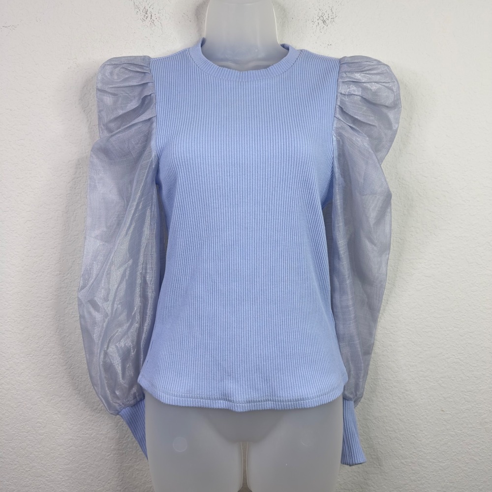 Dolan Shirt Womens XS Blue Ribbed Sheer Organza Sleeve Romantic Feminine Sweater